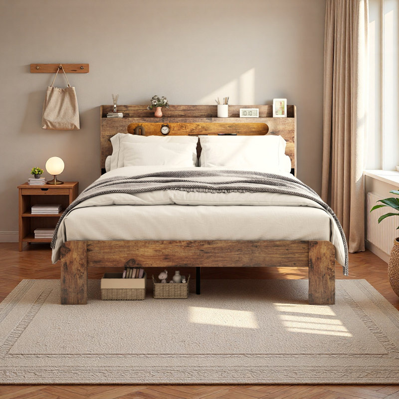 Cadre de lit, cadre de lit plateforme en bois avec tête de lit à DEL avec rangement et 2 ports USB, silencieux, aucun sommier nécessaire et outil d'assemblage facile, grand rangement sous le lit