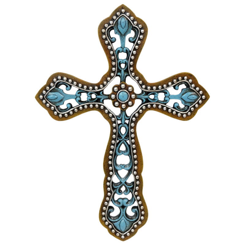 Turquoise and Brown Ornate Polyresin Wall Cross with Bead Accent