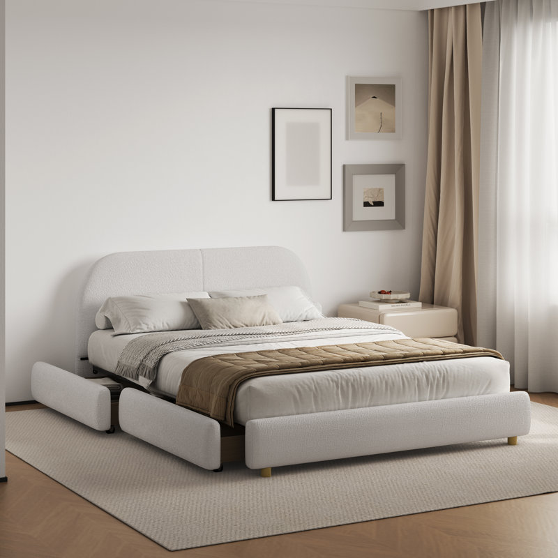 Boucle Upholstered Bed Frame With Tall Curved Headboard And Under-Bed Storage Drawers, Beige, King