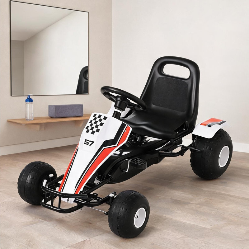 Kart à pédales de course avec siège réglable et frein à main, cadre en acier blanc éclatant
