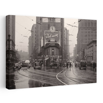 1930s 1940s RAINY DAY PEDESTRIANS CARS TROLLY TRACKS INTERSECTION PEACHTREE STREET AND FORSYTH BUSINESS DISTRICT ATLANTA GA USA by H. Armstrong Roberts - Wrapped Canvas Print