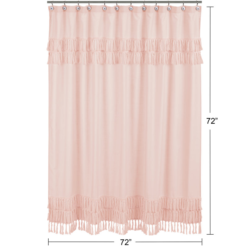 Pink Cotton Bohemian Shower Curtain with Tassel Fringe