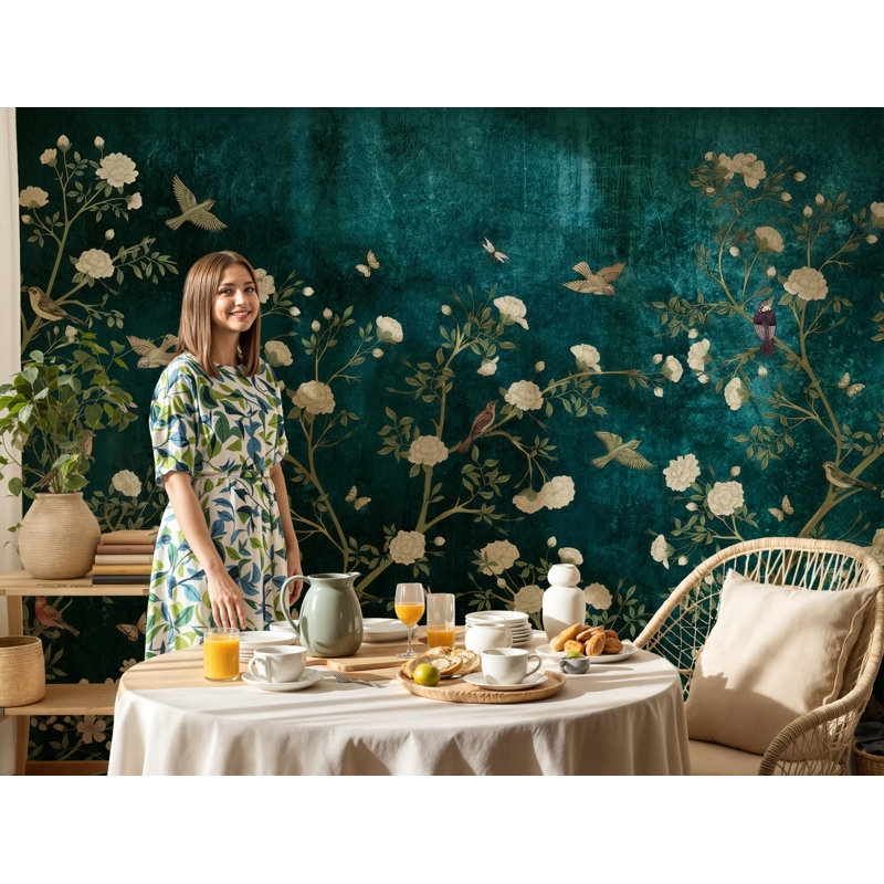 Papier peint floral bleu sarcelle foncé avec fleurs crème et branches botaniques, 90" L x 140" W