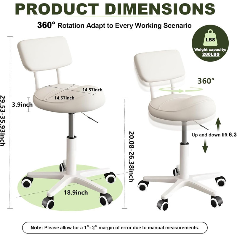 Tabouret ergonomique selle avec dossier, chaise pivotante à roulettes réglable en hauteur, blanc, Blanc