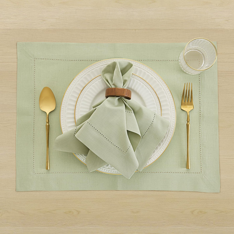 Cotton Linen Hemstitch Dinner Napkins, Sage