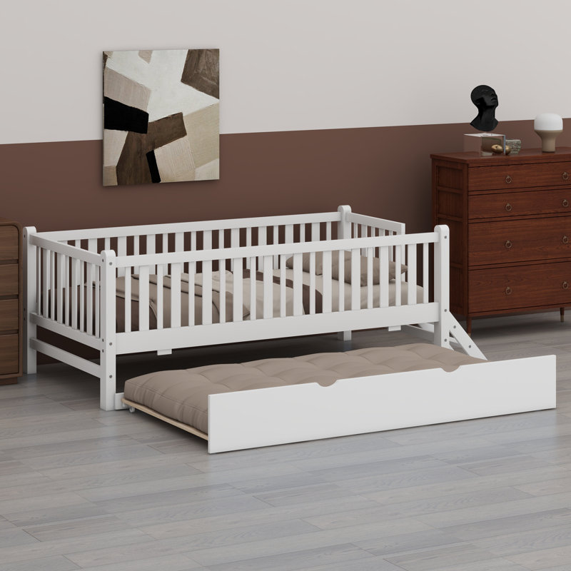 Platform Bed With Guardrail And Trundle, White