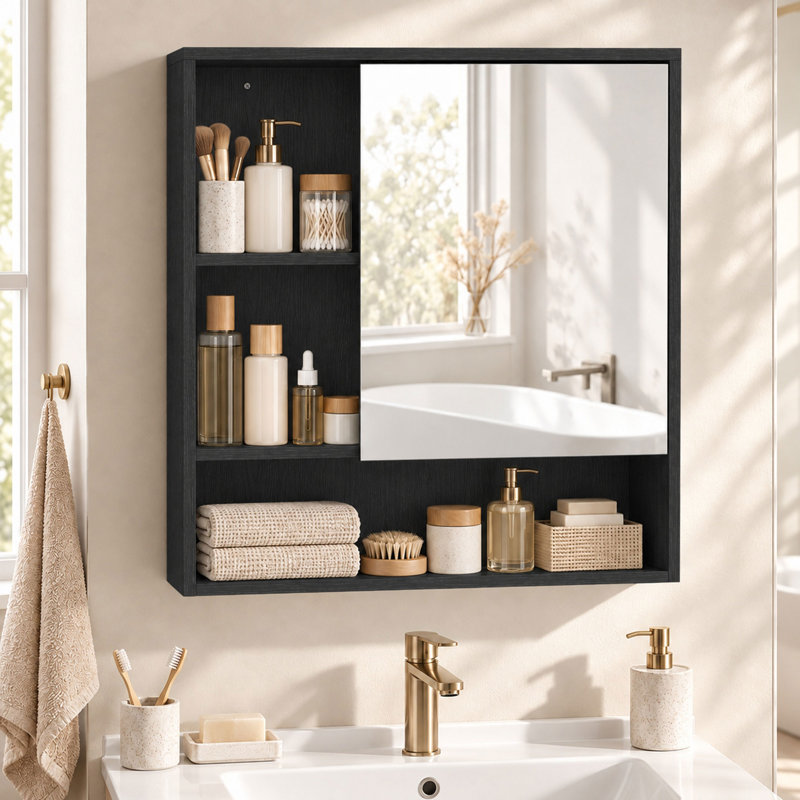 Bathroom Mirror Cabinet, Wall-Mounted, Adjustable Shelves, Black
