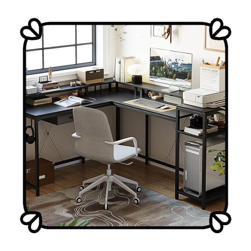 Bureau de jeu 68 po avec prise de courant, bureau en L réversible avec support pour moniteur et tablettes de rangement