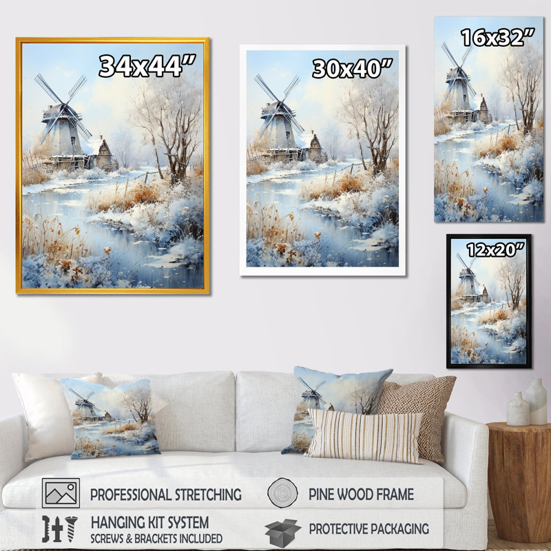 «Snowy Windmill Winter Landscape II - Windmills», art mural, H 32 po x l 24 po x P 1 po, White Picture Framed