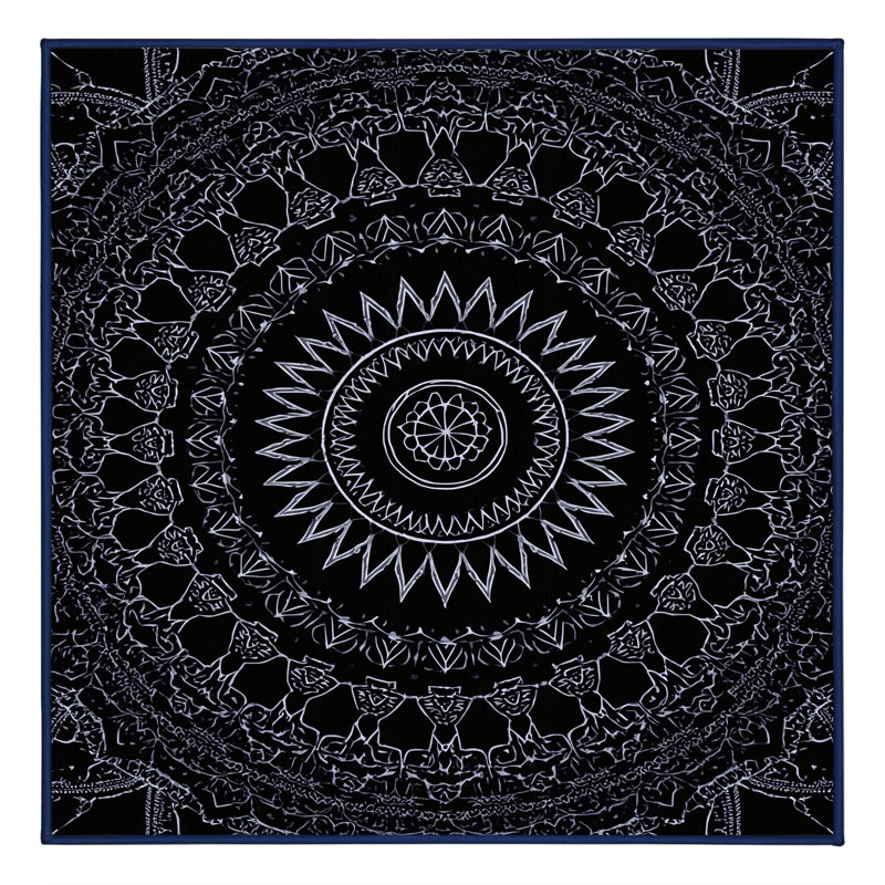 Machine Washable Peoro Global Inspired Geometric Rug in Blue – Navy Binding, 3' Square