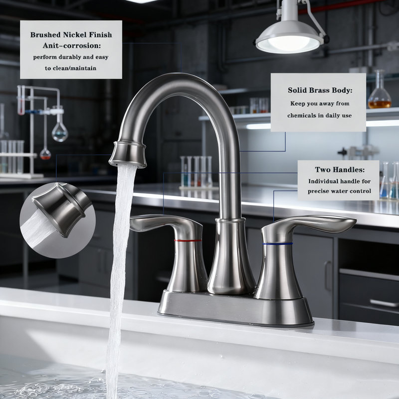 Robinet de salle de bain à 2 poignées en nickel brossé de 4 po, robinets de meuble-lavabo avec bonde escamotable et tuyaux d'alimentation