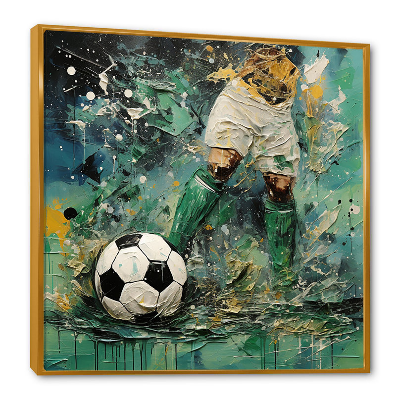 Joueur de soccer abstrait vert - art mural soccer, Cadre flottant doré, H 16 po x l 16 po x P 1 po
