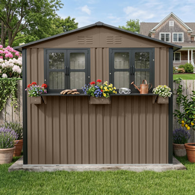 72 x 108-inch metal outdoor storage shed with a window and a flower rack, featuring lockable double doors; a weatherproof and waterproof garden tool shed suitable for backyards and patios, available in brown and black.