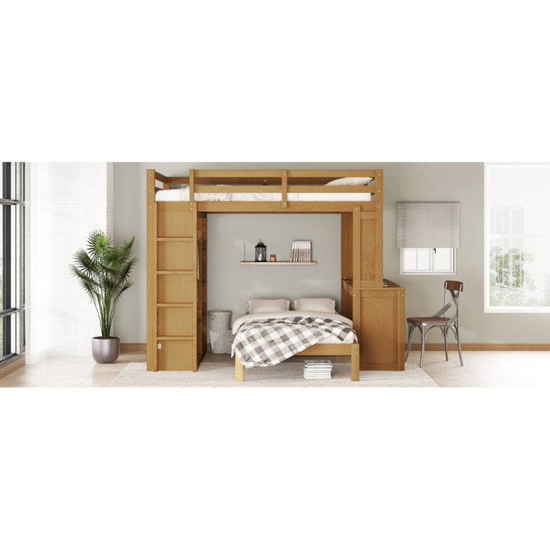 Lit superposé double TG / double avec lit inférieur démontable et bureau, structure de lits superposés en bois massif avec tablettes intégrées et garde-robe, peut être converti en lit mezzanine, naturel