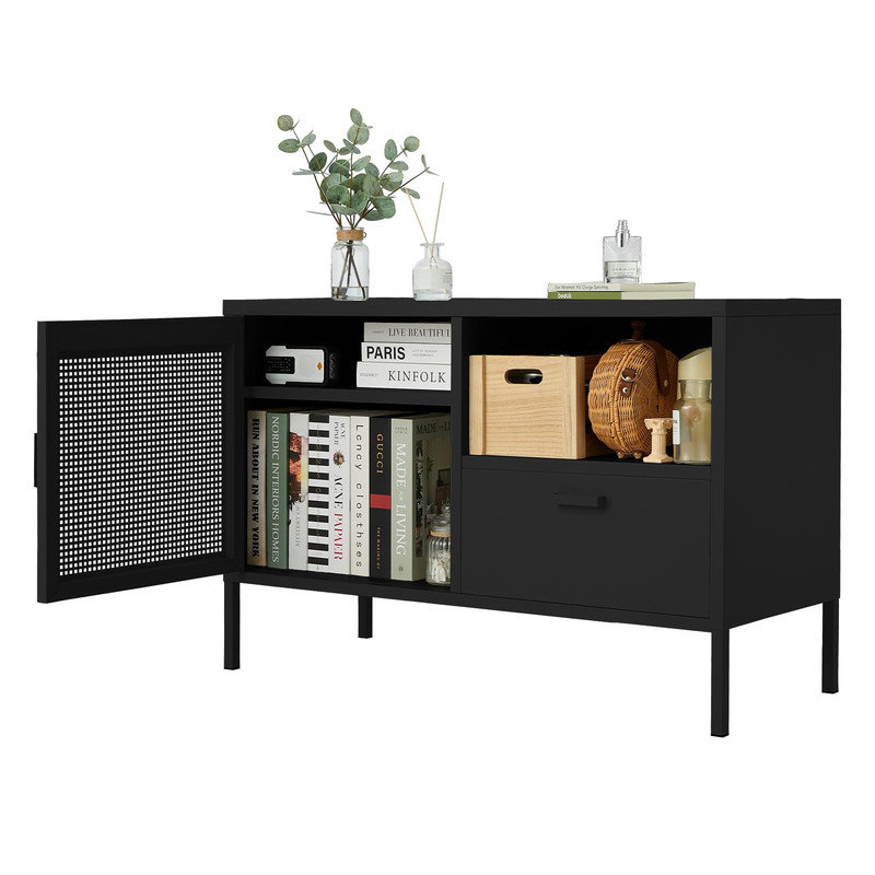 Meuble de rangement en métal ventilé, meuble télé 3 en 1 avec tablette ajustable et tiroir, Black