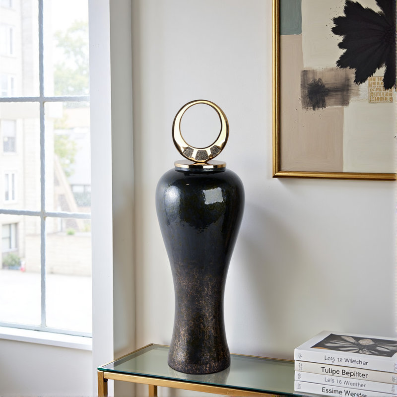 Laynette Modern Glass Vase with Sculptural Metal Brass Accent and Stone Detail for Contemporary Decor, 27" H x 9" W x 9" D