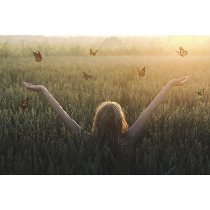 Gavinton Woman And Free Butterflies - Wrapped Canvas Print, 30cm H x 46cm W x 3.8cm D