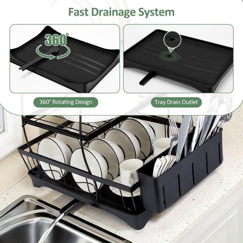 3-Tier Black Metal Dish Drying Rack with Utensil Cup