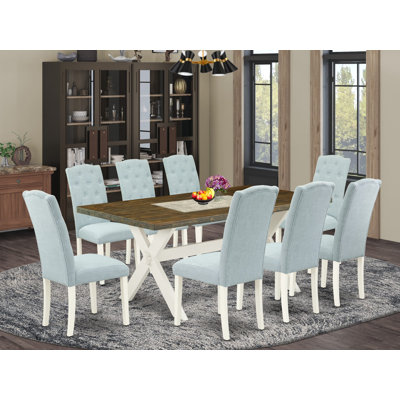 9 Piece Dining Room Set Includes a Rectangle Kitchen Table with X-Legs and 8 Baby Blue Linen Fabric Upholstered Parson Chairs, Wire Brushed Linen White