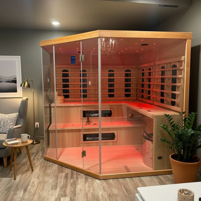 Smartmak® 5-6 Person Hybrid Corner Home Wood Sauna, WiFi Indoor Full Spectrum & Traditional Canadian Hemlock Steam Saunas Spa with Red Light Therapy, 11 Heating Elements & Electric Stove (0-195℉)