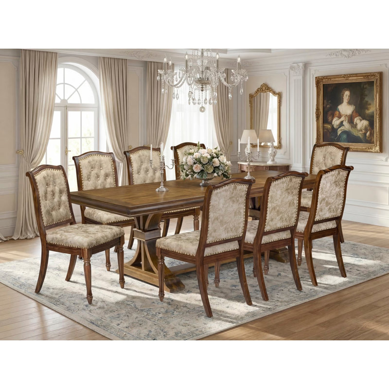 9 Pieces Kitchen table set includes a Rectangular Dining Table and 8 Light Beige PU Leather Dining Chairs, Antique Walnut finish