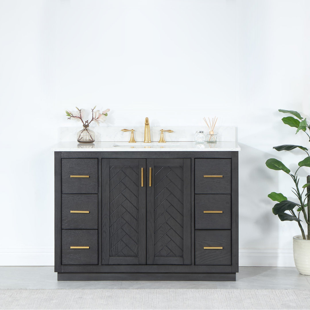 Gazsi 48" Single Bathroom Vanity Set With Grain White Engineered Stone Countertop Without Mirror Rosdorf Park Base Finish: Brown Oak