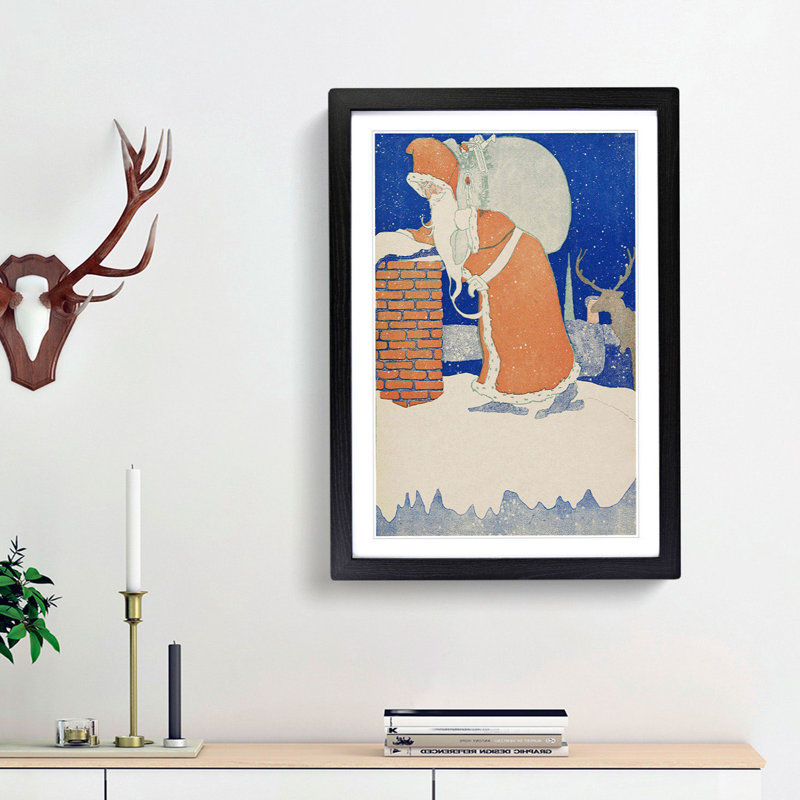 Father Christmas with Reindeer - Picture Frame Painting Print, Black, 91cm H x 60cm W x 2cm D