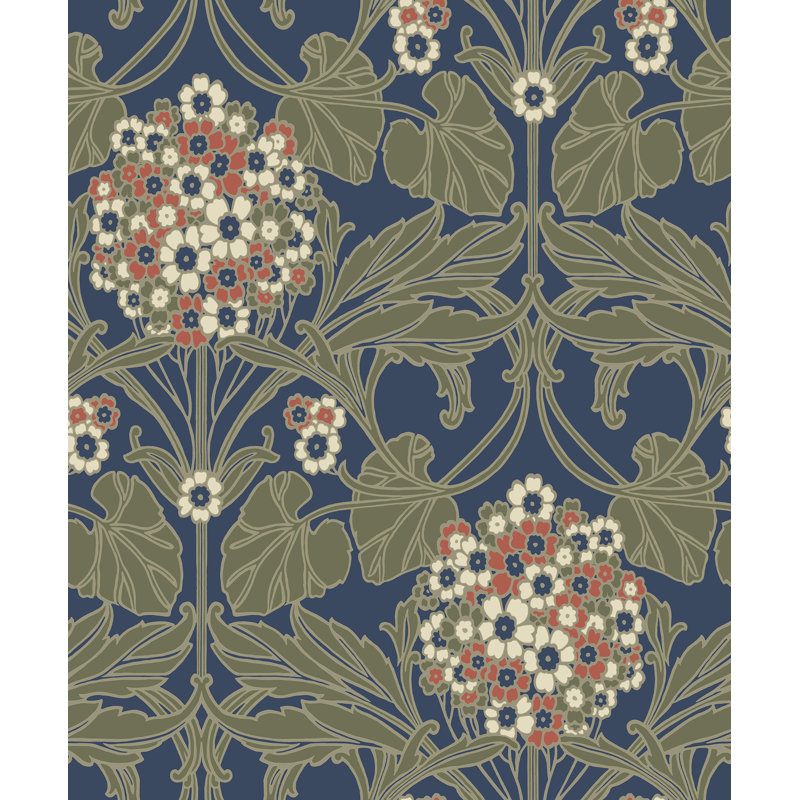 Mamadou Floral Hydrangea 10.05 m x 53 cm Wallpaper Roll, Nave/Olive/White/Red
