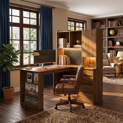 51.56" L-Shaped Corner Desk with Storage Shelves and Charging Station, Wood