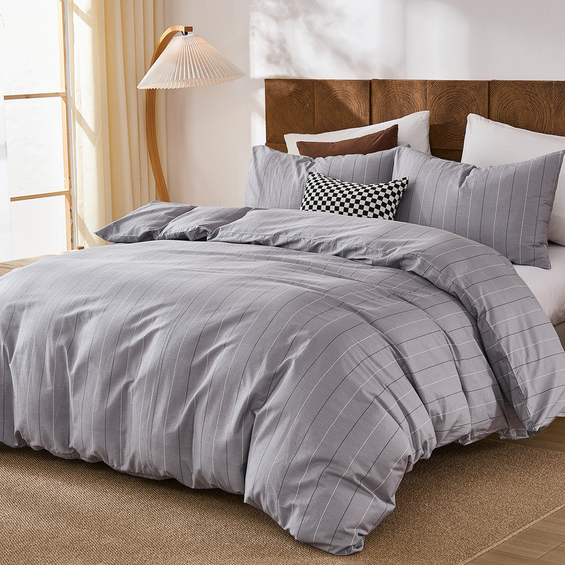 Ensemble d'édredon 100% coton rayé pour très grand lit - Ensemble d'édredon à rayures grises, Gris