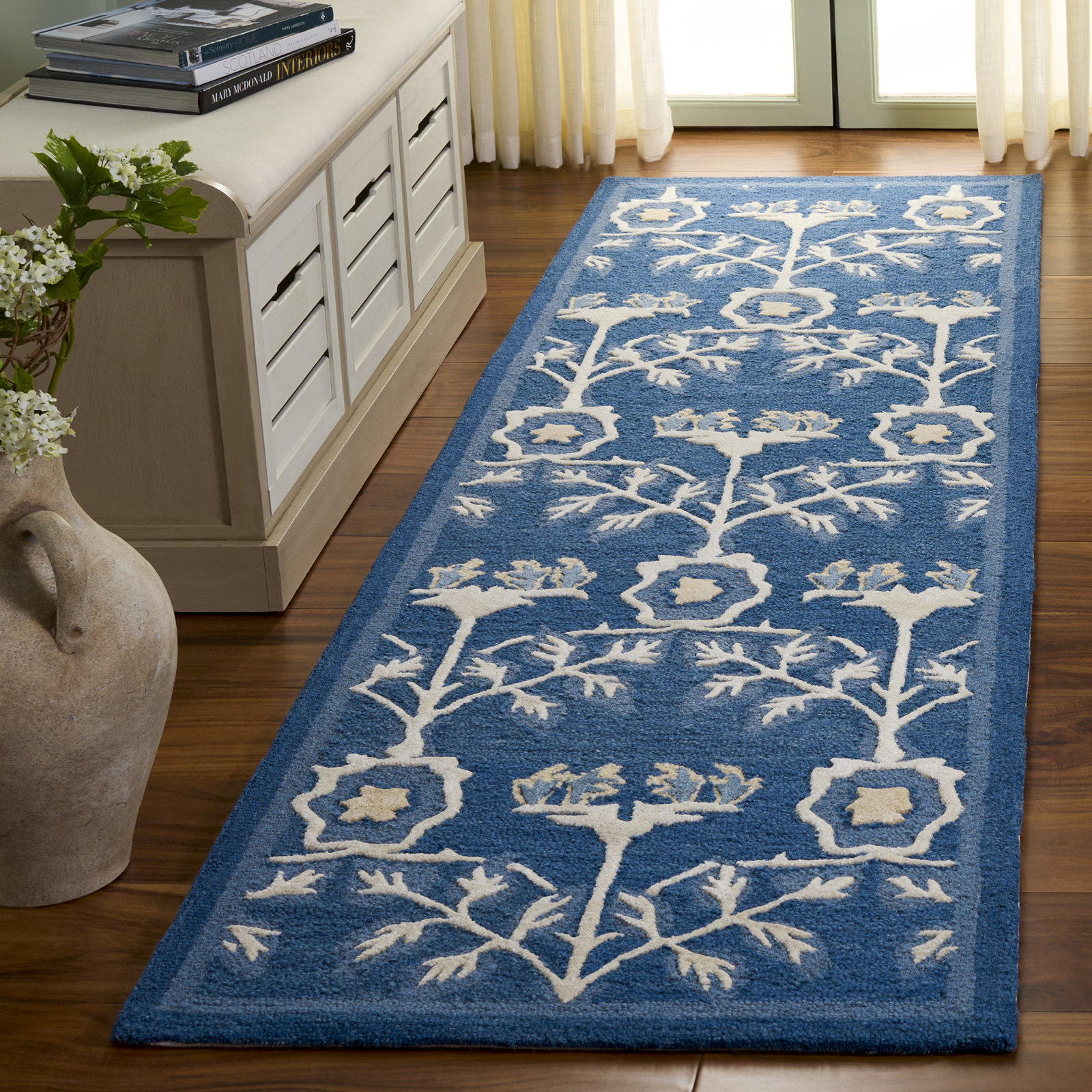 Navy Ivory Hand-Tufted Floral Wool Rug, Runner 2'3" x 8'
