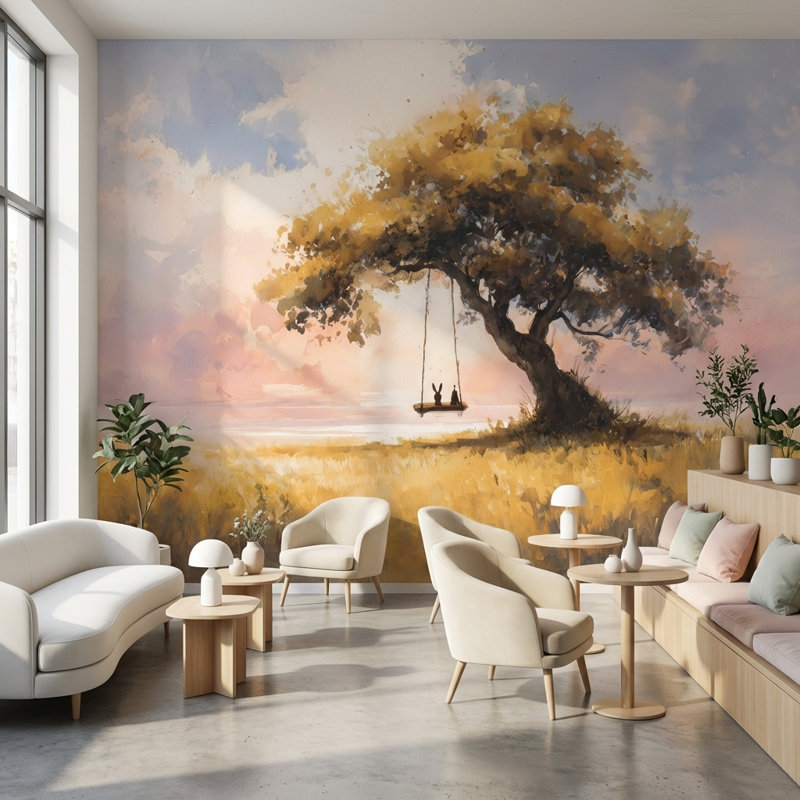 Papier peint mural paysage serein, arbre et coucher de soleil, 180"x120", Non-Woven Nonpasted
