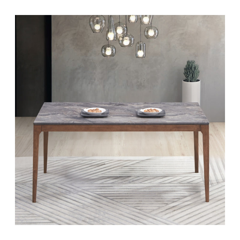 ACME Bevis Dining Table, Engineered Stone & Walnut Finish