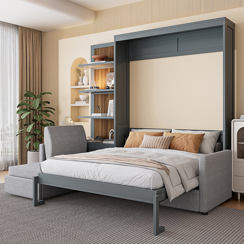 Queen Size Murphy Bed, Wall Bed With Sofa And Shelves, Grey
