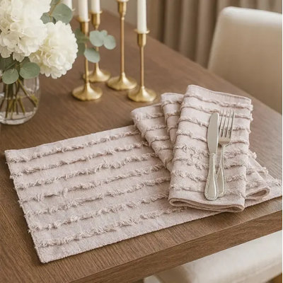 Ensemble de 4 napperons beiges à rayures en coton