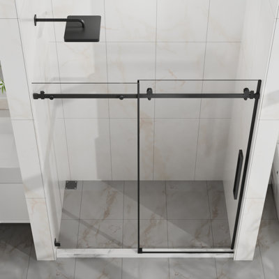 Goodyo 60" W X 72" H Sliding Shower Door, Frameless Sleek Glass Shower Door, 1/4" (6Mm) Thick Tempered Clear Glass With Easyclean Coating, Stainless Steel Hardware, Matte Black