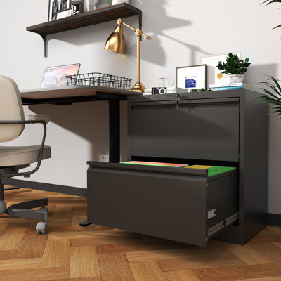 Black 2 Drawer Lateral Filing Cabinet, Cold - Rolled Steel Construction, Quiet Slide Rails, Adjustable Hanging Bar, Large Space For Letter/A4/F4 Folders, Lockable Drawers Cabinet Home Office,
