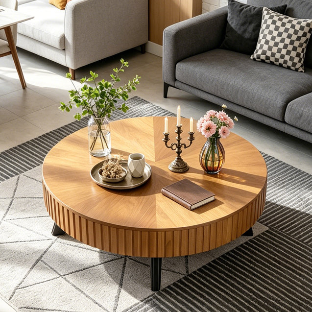 Table basse ronde rétro, 39.37"W, Natural
