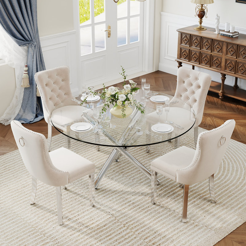 Ensemble de salle à manger à piédestal rond 5 pièces avec chaise capitonnée en velours pour salle à manger et salon, Beige