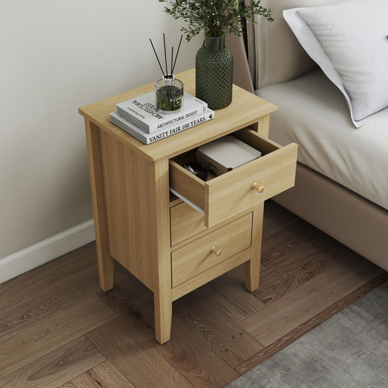 Rover Three-Drawer Bedside Cabinet, Oak-Effect Finish, Metal Runners