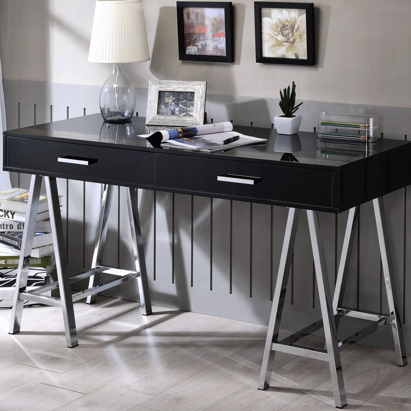 Bureau rectangulaire élégant avec 2 tiroirs, noir lustré / Bureau moderne à 2 espaces, fini lustré et