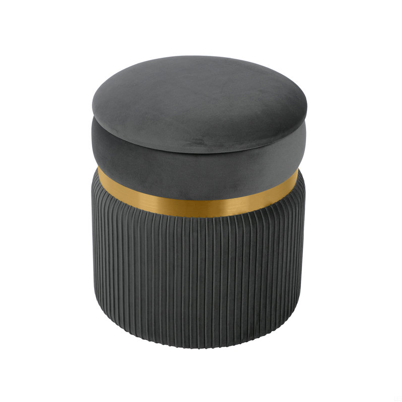 Velvet Round Ottoman With Storage, Gray/Gold