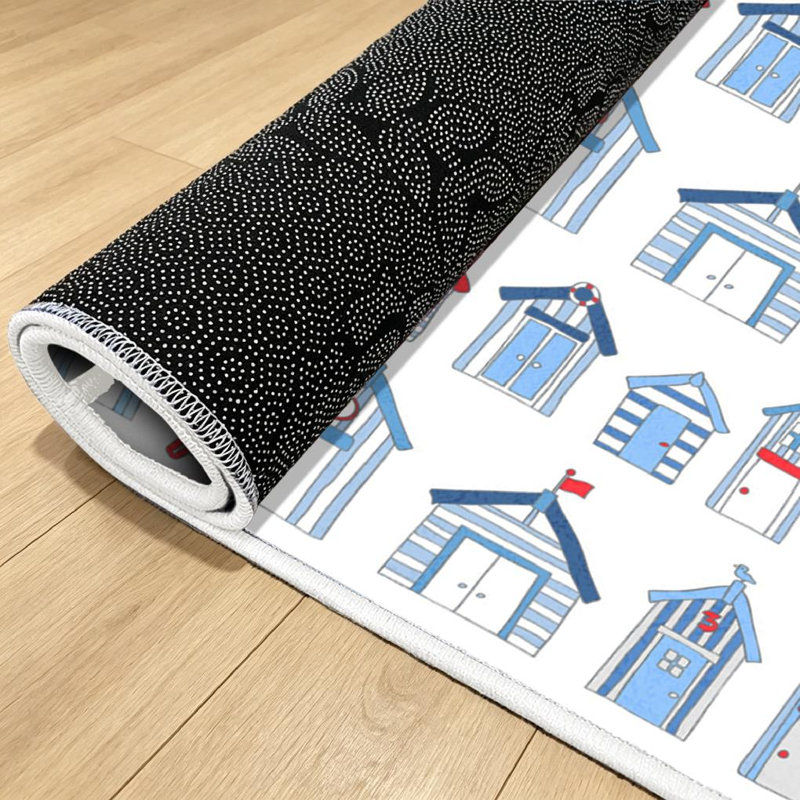 Blue Drawn Red Beach Seaside British Cute Sea White Wooden Architecture Machine Washable Indoor Area Rug