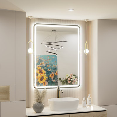 Frame LED Bathroom Mirror with Bluetooth Speakers, Front Light & Backlit Lighted Vanity Mirror for Wall, Anti Fog, Dimmable 3000k/4500K/6000K, Adjustable Brightness