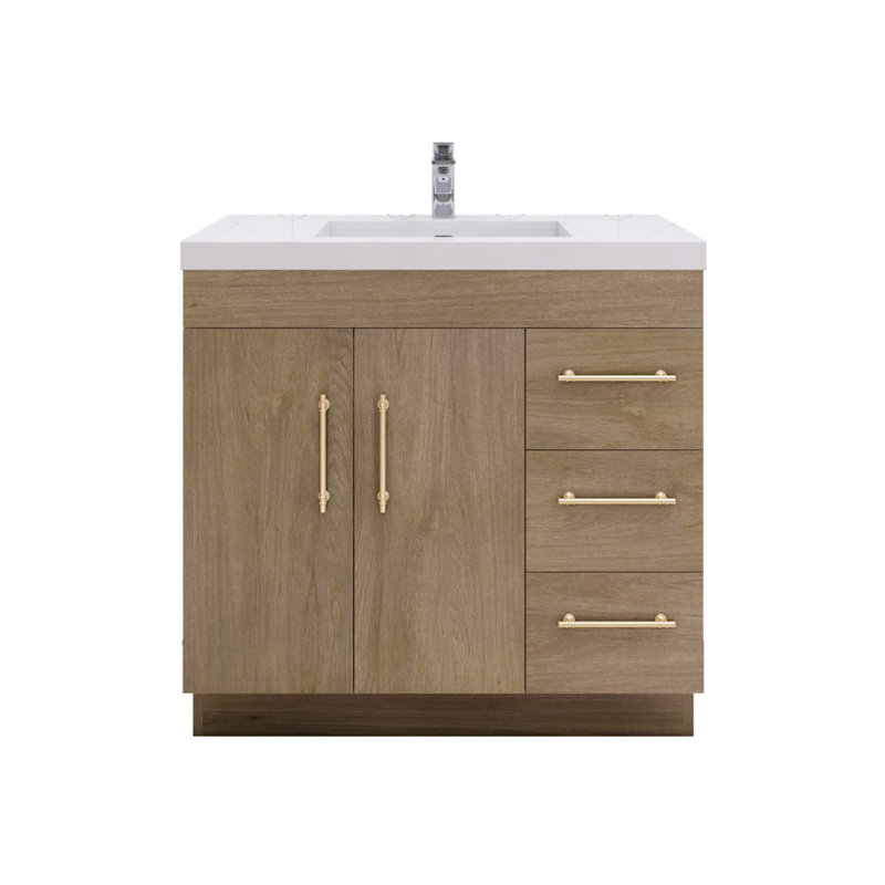 Meuble-lavabo simple 36 po Carliss, Blanc/chêne, Or