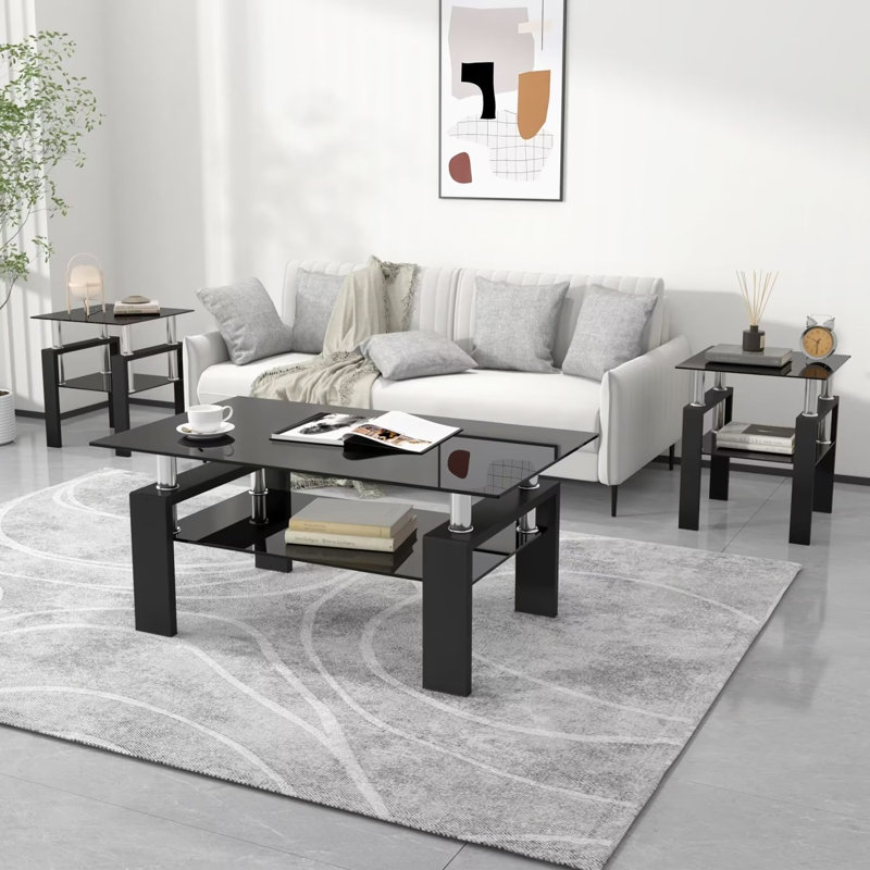 Catasha Glass Top End Table, Black, 20.5" H x 17.72" W x 17.72" D, 1
