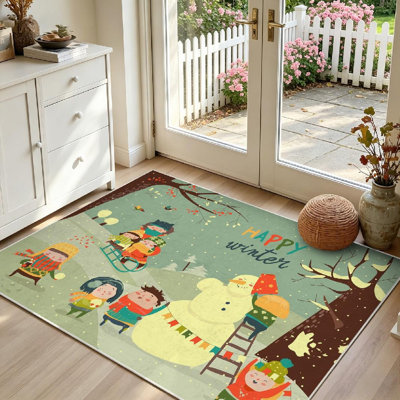 Tapis d'intérieur blanc lavable à la machine, motif de jeux d'hiver et Noël pour enfants