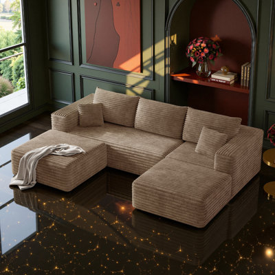 108" Sectional Boneless Couch for Living Room,Modern Modular Cloud Couch with Deep Seat,Upholstered Sleeper Sofa with 2 Ottoman,Convertible Folding Couches,No Assembly (Camel)