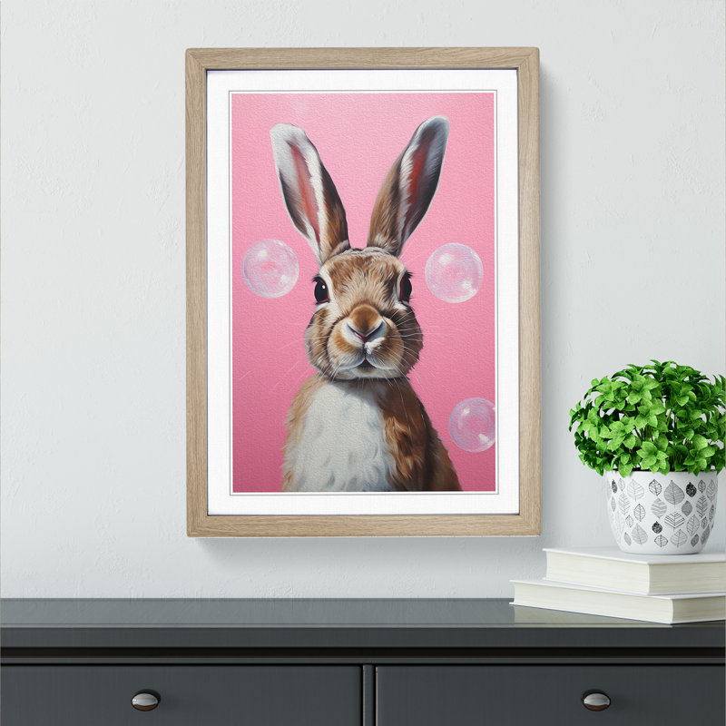Hare Bubble Gum Painting No.2 - Single Picture Frame Print on Wood, 64cmH x 46cmW