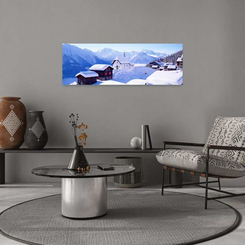 Snow Covered Chapel and Chalets Swiss Alps Switzerland 1 Piece Wrapped Canvas Panoramic Wall Art, 30.48 cm H x 91.44 cm W
